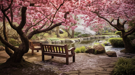 Cherry blossom in the garden with bench and stone walkwayの素材