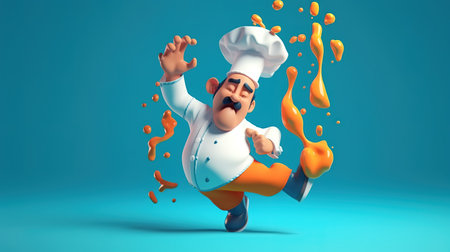 Chef is jumping and splashing paint. 3d illustration.の素材