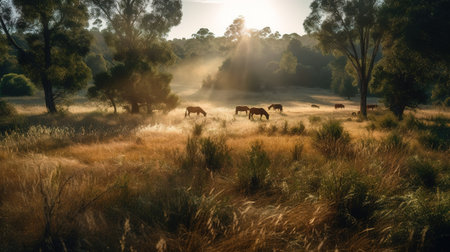 Horses graze in the meadow in the morning light.の素材