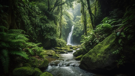 Tropical rainforest with waterfall and mossy rocks in New Zealandの素材