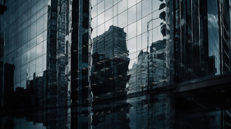 Double exposure of modern skyscrapers. Business and finance concept.の素材