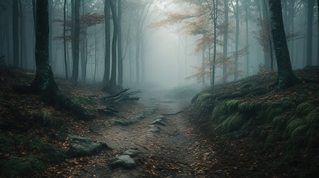 Mysterious forest with fog in the morning. Mysterious foggy forest path.の素材