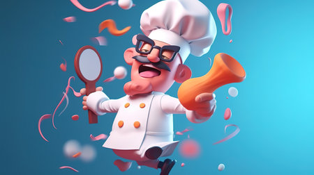 Chef with megaphone and magnifying glass. 3d illustrationの素材