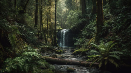 Beautiful view of a waterfall in the redwood forest, New Zealandの素材