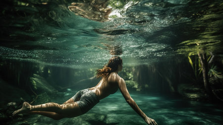 Young woman swimming underwater in the sea. 3d rendering toned imageの素材