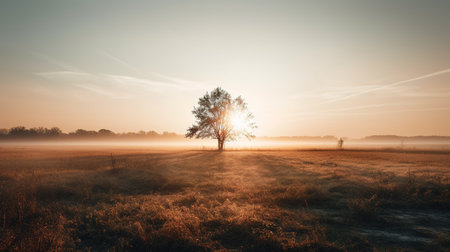 Foggy meadow at sunrise with lonely tree in the foregroundの素材