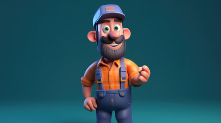 3D Illustration of a cartoon mechanic with a cap and overallsの素材