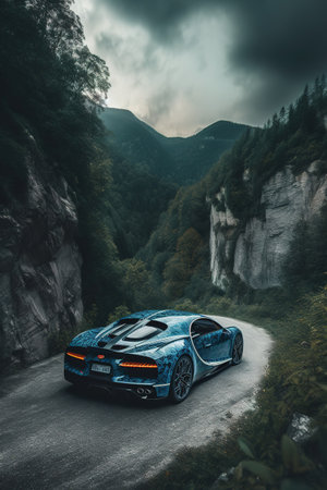 Blue car on the road in the mountains. The concept of sport and active life.の素材