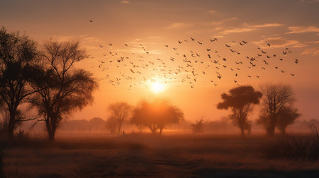 Foggy sunrise in the Okavango Delta, Botswanaの素材