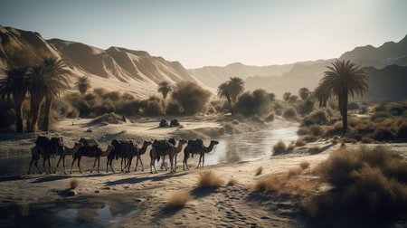 Camels in the desert at sunset. 3d illustration. Vintage style.の素材