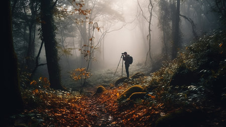 Photographer with camera taking photos of autumn forest in foggy morningの素材