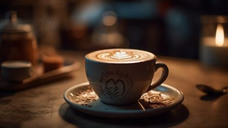 Cup of cappuccino with latte art on wooden tableの素材