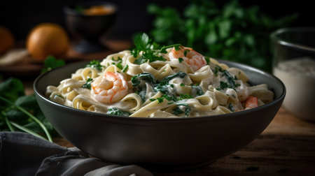 Pasta fettuccine with creamy spinach and prawnsの素材