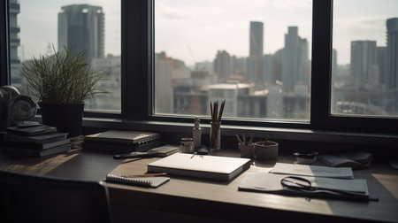 Office desk with laptop, coffee cup, stationery, notebook, pencils and other items.の素材