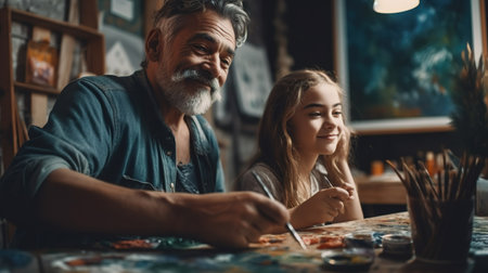 Cute little girl and her handsome grandfather are painting on canvas.の素材