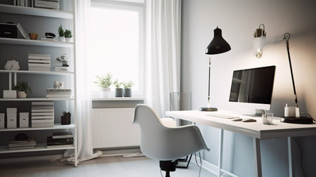 Workplace with computer in modern office interior. 3d rendering.の素材