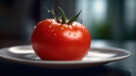 Tomato with water drops on a white plate on a dark backgroundの素材