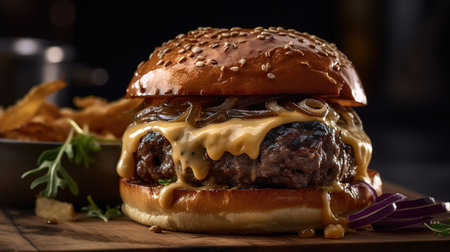 Close-up of a cheeseburger with cheese and french friesの素材