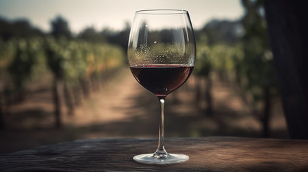 Red wine glass on wooden table in vineyard. Toned imageの素材