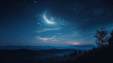 Foggy night landscape with moon and stars. 3D renderingの素材