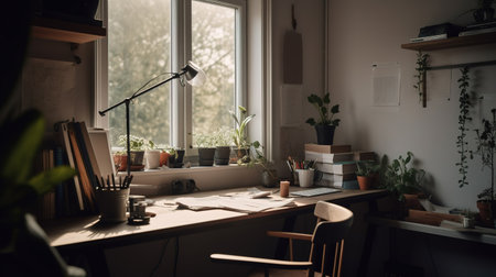 Working place in a loft style with a window, a chair and a tableの素材