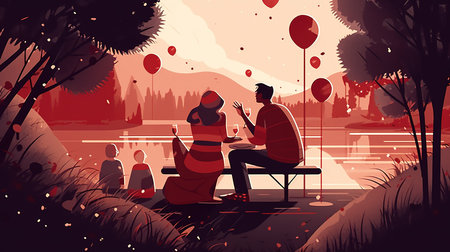 Romantic date in the park. Romantic date in the park with a couple. Vector illustration.の素材