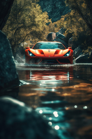 Futuristic red sports car driving on a mountain river in the forestの素材