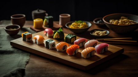 Sushi set on a wooden board with chopsticks and soy sauceの素材