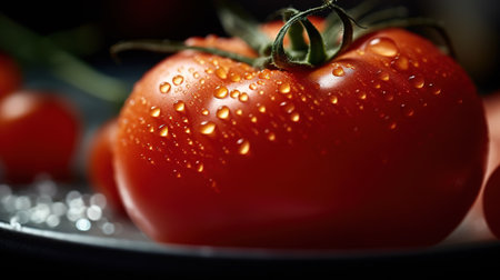 Tomato with water drops on a black background, close-upの素材