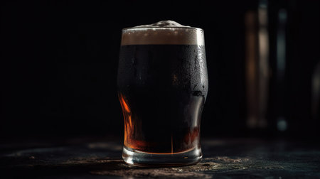glass of dark beer with foam on a dark background, close-upの素材