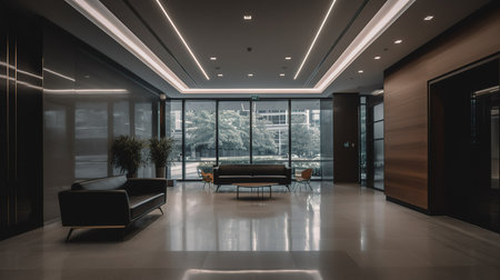 Interior of modern office building with black and white walls. 3d renderingの素材