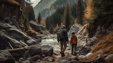 Back view of father and son walking in autumn forest with mountain riverの素材