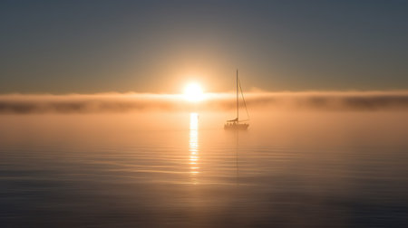 Sailing boat in a misty lake at sunrise, panoramic viewの素材