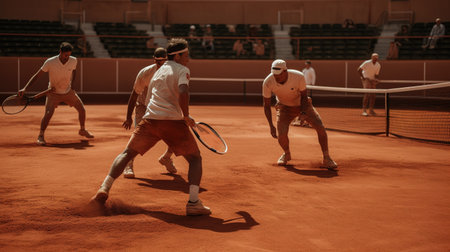 Low angle view of two male tennis players playing tennis on clay courtの素材