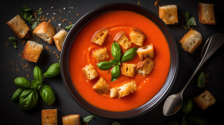 Tomato soup with basil and croutons on a black backgroundの素材