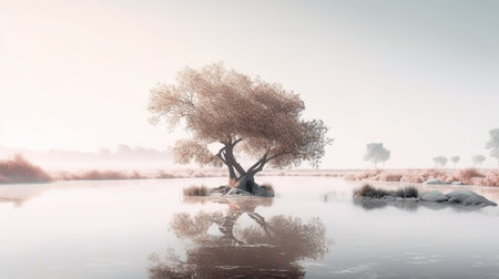 Tree on the lake in the morning. 3d render illustration.の素材