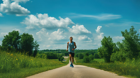 Athletic young woman running on a country road in summerの素材