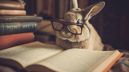 Rabbit wearing glasses and reading a book on a wooden background.の素材
