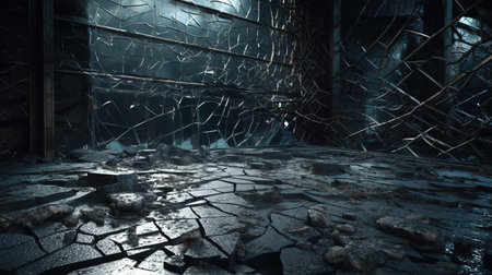 3d rendering of a ruined building with cracked ground and broken glassの素材