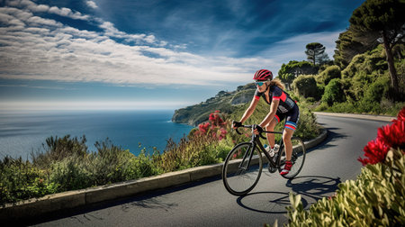 Cyclist riding on the road in a beautiful landscape on a sunny dayの素材