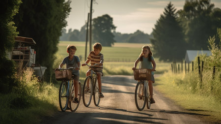 Happy family of three riding bicycles on a country road in the summerの素材