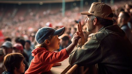 Caucasian man and little girl in baseball cap watching football matchの素材
