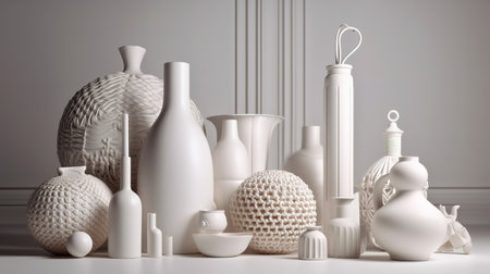 3d render of vases and decorative objects on white background.の素材