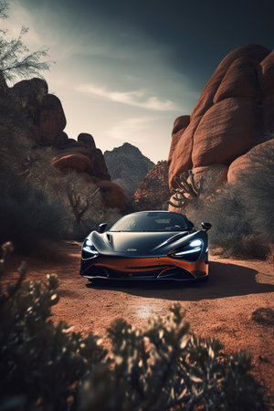 3D rendering of a brand-less generic concept car in a desert environmentの素材