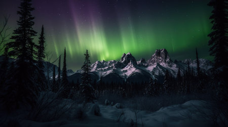Aurora borealis, northern lights over snowy mountains at nightの素材