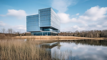 Modern office building with reflection in the lake. Blue sky background.の素材