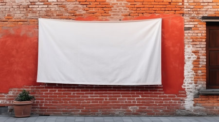 Blank white banner on red brick wall background. 3d renderingの素材