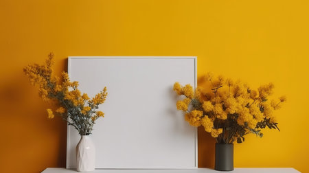 Mimosa flowers in vase on yellow wall background. 3d renderingの素材