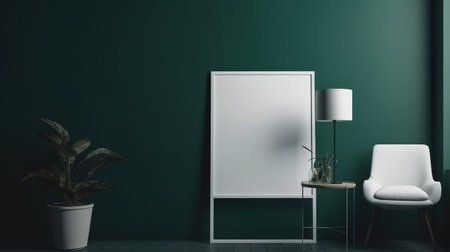 Minimalist living room interior with green walls, concrete floor, comfortable white armchair and vertical mock up poster. 3d renderingの素材