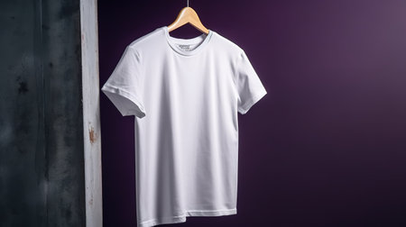 White t-shirt on a hanger on a purple background.の素材